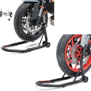 Sett: Reparasjonsstativ forhjul Racing S motorsykkelstativ V-feste + reparasjonsstativ forhjul Gaffel motorsykkelstativ med dorfeste matt