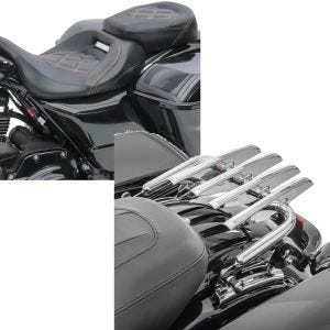 Set: Sitzbank für Harley Touring 09-21 Komfortsitzbank RH3 schwarz-orange + Gepäckträger für Harley Electra Glide, Street Glide, Road King 09-21_1