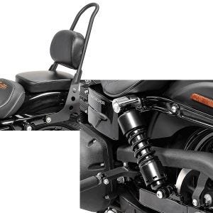 Sett: Sissy bar egnet for Harley Davidson Sportster 883 / 1200 04-20 Craftride Fast Rider-M svart + støtdemper 11 tommer egnet for Harley Davidson Sportster Forty-Eight 48 fjærbeskyttere fra Craftride svart