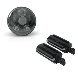 Set: LED Scheinwerfer 5,75 Zoll für Harley Hauptscheinwerfer schwarz + Fußrasten FP1 Fahrer und Sozius für Harley in schwarz_1