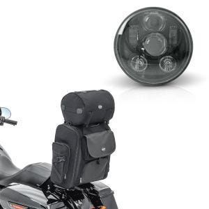 Set: Sissybar Tasche für Harley Dyna Street Bob Hecktasche SXL + LED Scheinwerfer 5,75 Zoll für Harley Hauptscheinwerfer schwarz_1