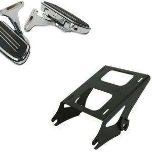 Sett: Pillion løpebrett egnet for Harley Davidson Touring 93-24 Craftride CF2 med brakett krom + toppkasse bærer dobbelt sete egnet for Harley Davidson Touring 14-24 svart Craftride