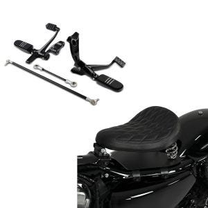 Set: vorverlegte Fußrastenanlage für Harley Sportster 04-13 in schwarz + Solo Federsattel mit Grundplatte SG11 schwarz_1