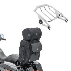 Sett: Motorsykkel sissy bar bag Craftride SXL halebag med bagasjerull i svart + bagasjehylle AW avtagbar egnet for Harley Davidson Touring-modeller 09-24 krom Craftride