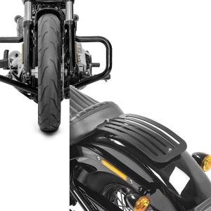 Set: Sturzbügel für Harley Softail Street Bob 18-20 Mustache schwarz + Gepäckträger für Harley Softail 18-21 Solo Rack L1 Gepäckbrücke_1