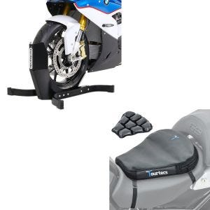Sett: luftpute Air Deluxe M komfortsetepute i svart + motorsykkelrocker Easy-Plus motorsykkelstativ opp til 21 tommer matt svart