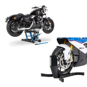 Set: Hebebühne Mid-Lift L Motorradheber für Harley und Chopper bis 680 kg + Motorradwippe Easy-Plus Motorradständer bis 21 Zoll schwarz-matt_1