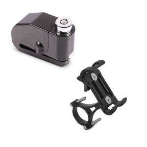 Sett: Bremseskivelåsalarm 110dB BS-Motoparts tyverisikring svart + smarttelefonholder SH5 egnet for styremobilholder aluminiumsholder