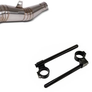 Sett: Eksos GP lyddemper rustfritt stål universal med DB-Killer + clip-on styre 22mm clip-on 50mm med 30mm øke styre aluminium