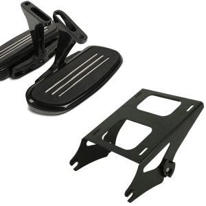 Set: Sozius Trittbretter Harley Touring 93-21 CF2 mit Halter schwarz + Topcase Träger Doppelsitzbank für Harley Touring 14-21 schwarz_1