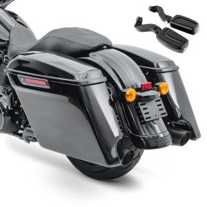 Set: Seitenkoffer Stretched für Harley Touring Modelle 2014-2021 Black + Sozius Fussrasten Set mit Halter für Harley Street Glide 06-20 W1_1