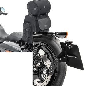 Set: Sissybar Tasche SXL Hecktasche mit Gepäckrolle in schwarz + Seitlicher Kennzeichenhalter für Harley Sportster 883 Iron 09-20_1