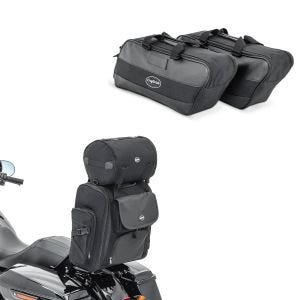 Sett: Motorsykkel sissy bar bag Craftride SXL halebag med bagasjerull i svart + innerveske sideveske passer for Harley Davidson Street Glide Special 15-23 Craftride 19Ltr svart