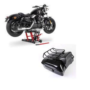Sett: Chopped top case egnet for Harley Davidson Road Glide Special 15-23 CH3 svart Craftride + ConStands Midlift L motorsykkelløfter for choppere opp til 680 kg i rødt