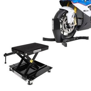 Set: Hebebühne Rangierhilfe Mid-Lift M Mover bis 500 kg in schwarz + Motorradwippe Easy Plus Vorderradwippe Motorradständer bis 21" schwarz_1