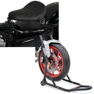 Set: Solo Federsattel mit Grundplatte SG11 schwarz + Montageständer Vorderrad mit gummierten Aufnahmen Motorradheber vorne_1