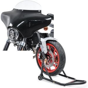 Set: Batwing Verkleidung mit Windschild M für Chopper und Bobber BW8 -klar + Montageständer Vorderrad mit gummierten Aufnahmen Motorradheber vorne_1