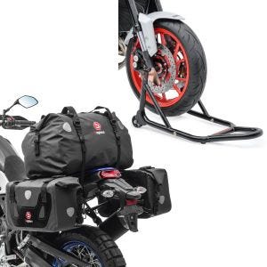 Set: Satteltaschen mit Hecktasche RB25 + XF60 Drybag Vol. 110L + Montageständer Vorderrad mit gummierten Aufnahmen Motorradheber vorne_1