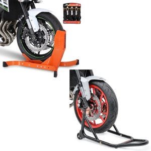Set: Easy Plus - Motorradwippe inklusive 4-fach Spanngurt-Set orange + Montageständer Vorderrad mit gummierten Aufnahmen Motorradheber vorne_1