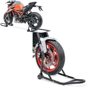 Sett: Enarms reparasjonsstativ sett egnet for KTM 1290 Super Duke / R 14-23 + reparasjonsstativ forhjul med gummierte fester for motorsykkeljekk foran