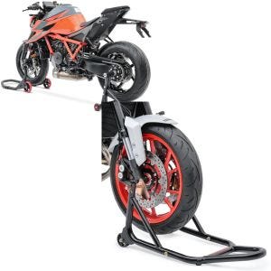 Sett: Enarms arbeidsstativ egnet for KTM 1290 Super Duke / R 14-23 bak foran Constands + arbeidsstativ forhjul med gummierte fester, front motorsykkel jekk