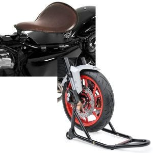 Set: Solo Federsattel mit Grundplatte SG10 braun + Montageständer Vorderrad mit gummierten Aufnahmen Motorradheber vorne_1