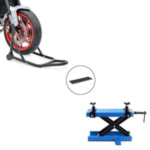 Sett: Mini-Lift sakseløfter inkl. gummimatte opp til 500 kg i blått + forhjulsmonteringsstativ med gummierte fester for motorsykkeljekken foran.