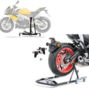 Sett: Sentralstativ egnet for Aprilia Tuono V4 1100 Factory 15-24 Power-Evo + manøvreringshjelp monteringsstativ bakhjul Mover 1 universal svart