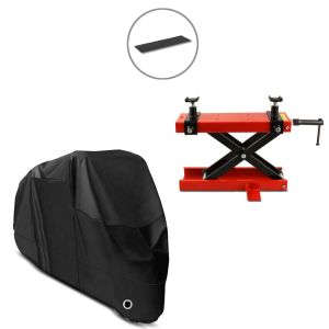 Set: Hebebühne Mini-Lift Scherenheber inkl. Gummimatte bis 500kg in rot + Abdeckplane XL Abdeckhaube in schwarz_1