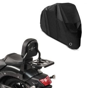 Sett: Sissy Bar XS3 passer til Kawasaki Vulcan S / Café 15-24 med bagasjehylle + presenning XL trekk i sort