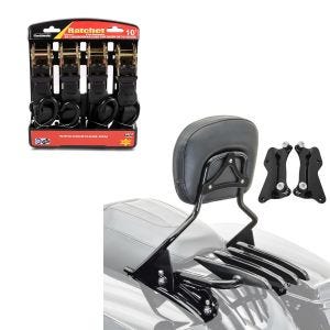 Set: Sissybar mit Gepäckträger XB und Montagekit für Harley Touring 14-21 + Spanngurt Set mit Ratsche und Haken inkl 4x Zurrschlaufe in schwarz_1
