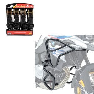 Set: Sturzbügel XL Set für BMW F 850 GS / F 750 GS 18-21 oben unten + Spanngurt Set mit Ratsche und Haken inkl 4x Zurrschlaufe in schwarz_1