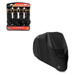 Set: Abdeckplane Honda Gold Wing 1500 / 1800 XXXXL in schwarz + Spanngurt Set mit Ratsche und Haken inkl 4x Zurrschlaufe in schwarz_1