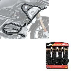 Sett: Crash bar sett egnet for BMW R 1250 GS 19-23 topp og bunn XL8 crash bar + strammesett med skralle og krok inkludert 4x surringsløkker i sort