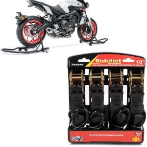 Set: Montageständer Set MV2 Motorradständer vorne und hinten Rangierhilfe + Spanngurt Set mit Ratsche und Haken inkl 4x Zurrschlaufe in schwarz_1