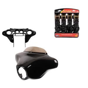 Set: Batwing Verkleidung Komplettset für Harley Touring 1996-2013 + Spanngurt Set mit Ratsche und Haken inkl 4x Zurrschlaufe in schwarz_1
