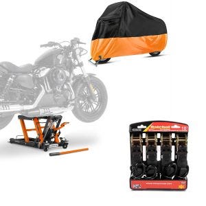 Set: Hebebühne Mid-Lift L + Abdeckplane XXL Motorradheber für Chopper + Spanngurt Set mit Ratsche und Haken inkl 4x Zurrschlaufe in schwarz_1