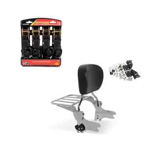 Sett: Sissy bar + bagasjestativ + dockingsett egnet for Harley Davidson Road King 97-08 krom Craftride + motorsykkel strammesett ConStands med skralle og krok inkludert 4x surringsløkker i svart