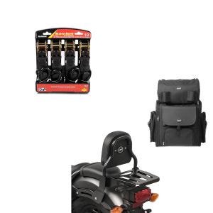 Set: Sissybar XS3 + Hecktasche für Honda Rebel 500 17-21 mit Gepäckträger + Spanngurt Set mit Ratsche und Haken inkl 4x Zurrschlaufe in schwarz_1