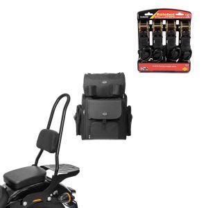 Set: Sissybar CSXL + Hecktasche für Harley Softail Street Bob 18-20 + Spanngurt Set mit Ratsche und Haken inkl 4x Zurrschlaufe in schwarz_1