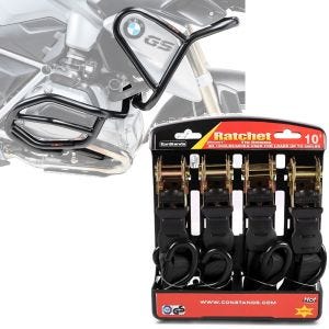 Set: Sturzbügel Set für BMW R 1200 GS 13-16 oben und unten XL4 Schutzbügel + Spanngurt Set mit Ratsche und Haken inkl 4x Zurrschlaufe in schwarz_1