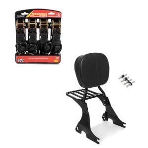 Set: Sissybar für Harley Sportster 883 Iron 09-20 inkl. Gepäckträger + Spanngurt Set mit Ratsche und Haken inkl 4x Zurrschlaufe in schwarz_1