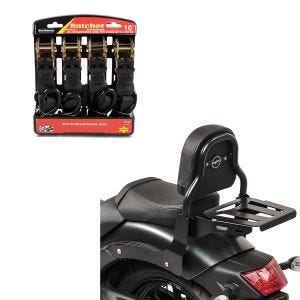 Set: Sissy Bar XS3 für Kawasaki Vulcan S / Café 15-20 mit Gepäckträger + Spanngurt Set mit Ratsche und Haken inkl 4x Zurrschlaufe in schwarz_1