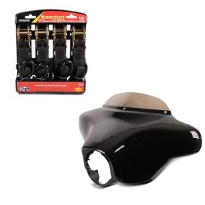 Set: Batwing Verkleidung mit Windschutzscheibe für Harley Touring 96-13 + Spanngurt Set mit Ratsche und Haken inkl 4x Zurrschlaufe in schwarz_1