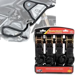 Set: Sturzbügel Set für BMW R 1250 GS 19-21 oben und unten XL6 Schutzbügel + Spanngurt Set mit Ratsche und Haken inkl 4x Zurrschlaufe in schwarz_1