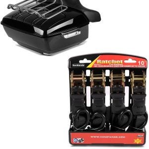 Set: Topcase King OLR Universal für Chopper Cruiser Custombikes + Spanngurt Set mit Ratsche und Haken inkl 4x Zurrschlaufe in schwarz_1