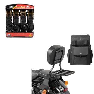 Set: Sissybar SB1 + Hecktasche für Harley Sportster 883 Iron 09-20 + Spanngurt Set mit Ratsche und Haken inkl 4x Zurrschlaufe in schwarz_1