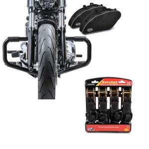 Set: Set STS4 Sturzbügel und Innentaschen Set für Harley Sport Glide 18-21 + Spanngurt Set mit Ratsche und Haken inkl 4x Zurrschlaufe in schwarz_1