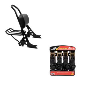 Sett: Sissy bar egnet for Harley Davidson Sportster Forty-Eight 48 10-20 Craftride Fast Rider-M inkl. bagasjeholder svart + motorsykkel strammesett ConStands med skralle og krok inkludert 4x surringsløkker i sort.