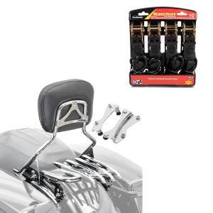 Set: Sissybar mit Gepäckträger XB und Montagekit für Harley Touring 14-21 + Spanngurt Set mit Ratsche und Haken inkl 4x Zurrschlaufe in schwarz_1